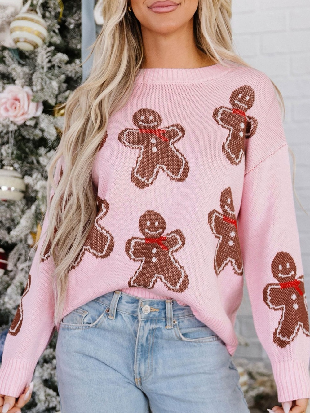 Gingerbread Pattern Round Neck Long Sleeve Shift Sweater